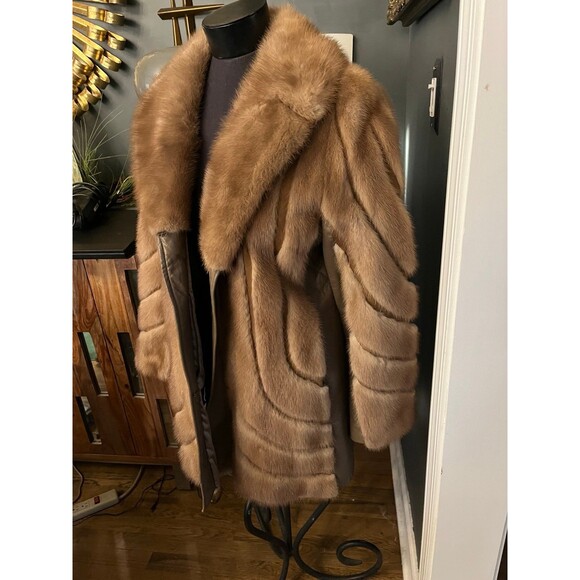 Vintage light brown Mink & Leather Coat Jacket Genuine Fur sz M - Picture 4 of 12